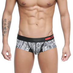 MetroMalewear micro mini boxer briefs with black and white cityscape pattern and red logo waistband