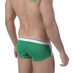 MetroMaleWear micro mini boxer briefs in green with a white waistband featuring thin red and black stripes