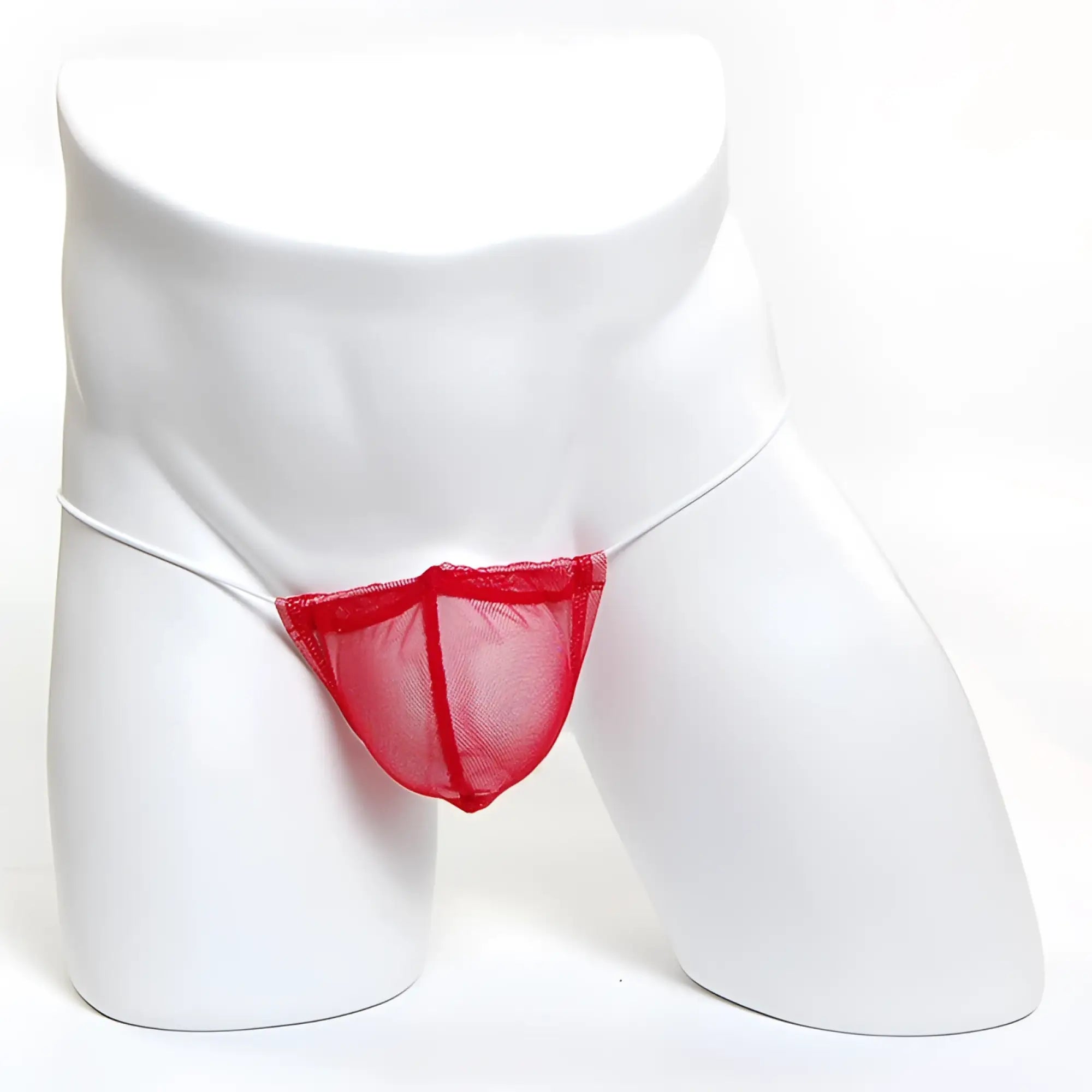 Red mesh thong with thin white elastic waistband made of microfiber by metromalewear model 2015-49