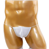 White sheer mesh thong made of microfiber displayed on a mannequin from MetroMaleWear model 2015-00