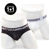 MetroMaleWear microfiber black and white hip briefs 2PK with branded elastic waistbands front view