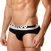 Black microfiber hip briefs with white metromalewear waistband and triangular patterns from metro male wear