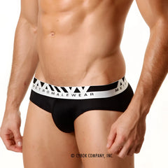 Black microfiber hip briefs with white metromalewear waistband and triangular patterns from metro male wear