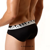 Black men’s microfiber hip briefs with white metromale waistband and geometric triangle patterns model 5003-20
