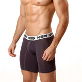 Dark gray microfiber athletic briefs with a white elastic waistband and black text metroMaleWear mid boxer asphalt