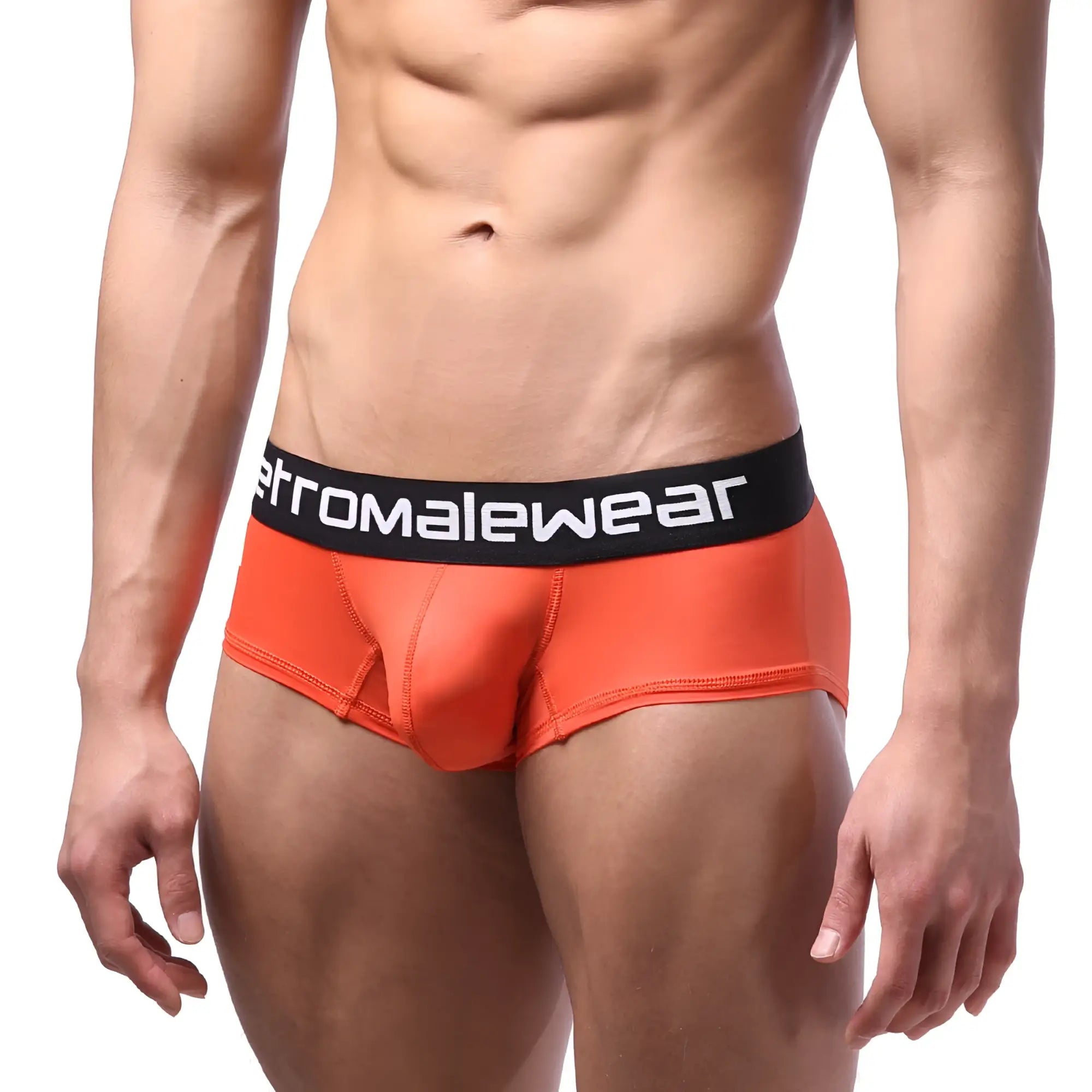 Bright orange microfiber mens briefs with black waistband featuring metromalewear logo metro male wear coral 7013-13
