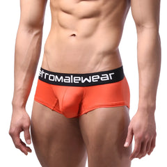 Bright orange microfiber mens briefs with black waistband featuring metromalewear logo metro male wear coral 7013-13