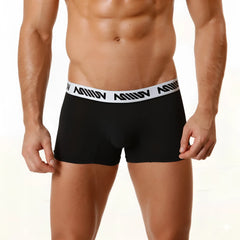 Black mens microfiber boxer briefs with white aviv branded waistband metro male wear 7 inch shorts black
