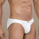 White ribbed briefs with a silver rectangular metro male wear brand tag on the waistband in milano bikini style