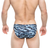 Metro male wear military bikini swim trunks in blue and gray camouflage pattern for casual beachwear