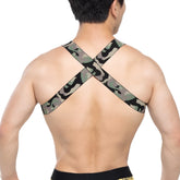 Back view of metromalewear military harness featuring camouflage-patterned elastic straps for secure fit