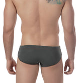 Dark gray swim trunks with sleek form-fitting design from metromalewear military swim bikini 4922-26 collection