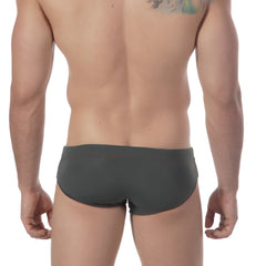 Dark gray swim trunks with sleek form-fitting design from metromalewear military swim bikini 4922-26 collection