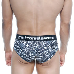Black and white geometric patterned men’s briefs with branded waistband from metromalewear mini cheek boxer basalto 2025-23