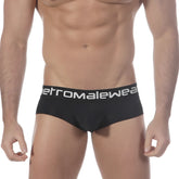 Black mens briefs with white herromalewear logo band featuring mini cheek boxer design in black metro2025-20