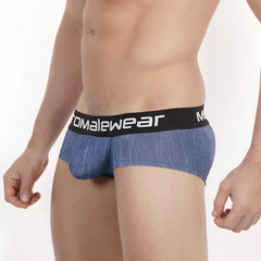 Metro malewear mini cheek boxer blue denim 2025-55 men’s blue denim textured briefs with black waistband and white branding
