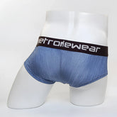Blue denim textured men’s briefs with black waistband and white metrowear branding MetroMaleWear Mini Cheek Boxer 2025-55