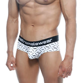 White briefs with black metromalewear waistband and repeating mustache patterns metroMalewear mini cheek boxer caballero
