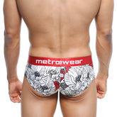 White and red floral patterned men’s briefs with a bold red metrewear waistband metro malewear mini cheek boxer