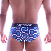 Blue and white geometric patterned men’s briefs with black meteear waistband metroMalewear mini cheek boxer honeycomb 2025-61