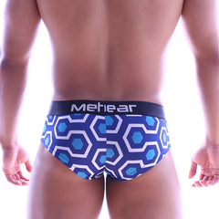 Blue and white geometric patterned men’s briefs with black meteear waistband metroMalewear mini cheek boxer honeycomb 2025-61