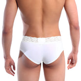 White lace-trimmed metro male wear mini cheek boxer briefs in white showcasing delicate lace detail