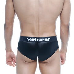 Black MetroMaleWear mini cheek boxer briefs with shiny textured fabric and white logo waistband