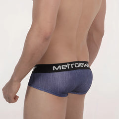 Blue denim textured men’s briefs with black waistband and white metroiewe branding from metro malewear