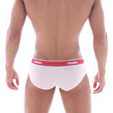 White briefs with red waistband featuring namin logo from metromalewear mini cheek boxer nude 2025 01 collection