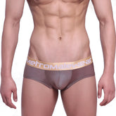 Brown metallic mini cheek boxer briefs with gold waistband featuring metromalewear logo in spark gold 2025-21