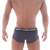Dark gray metronewear mini cheek boxer briefs with black waistband and white lettering from metroMalewear twilight 2025-11