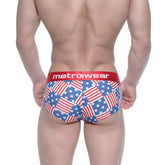 Metro malewear mini cheek boxer usa 2025-91 briefs with red white and blue american flag patchwork and red metrowear waistband