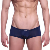 Navy blue sheer mesh briefs with a red and white MetroMaleWear brand tag on the waistband