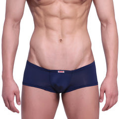 Navy blue sheer mesh briefs with a red and white MetroMaleWear brand tag on the waistband