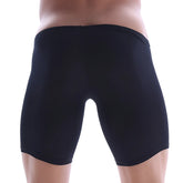 MetroMaleWear Minimo long boxer black swim trunks with smooth stretchy fabric and elastic waistband front view