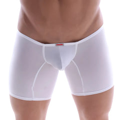 White sheer metro male wear minimo long boxer briefs with red and black brand tag on waistband