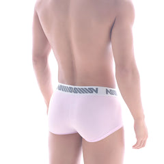 Light pink MetroMaleWear Minimo waistband men’s briefs with white elastic band and gray lettering