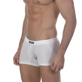 White mens boxer briefs with sheer form fitting design and black brand label on waistband metroMalewear minimo white