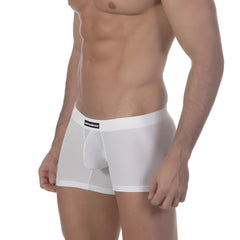 White mens boxer briefs with sheer form fitting design and black brand label on waistband metroMalewear minimo white