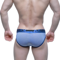 Blue and white striped men’s briefs with navy waistband branded metroman from metromalewear miramar bikini 2803-42