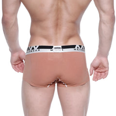 Tan ribbed men’s briefs with black and white branded waistband made from modal seamless fabric by metro male wear