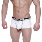 White men’s modal seamless briefs with black silver waistband and light blue side stitching from metromalewear