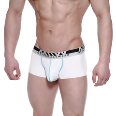 White men’s modal seamless briefs with black silver waistband and light blue side stitching from metromalewear
