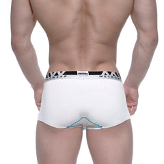 White ribbed men’s modal seamless briefs with black and white metrom waistband and light blue leg stitching