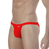 Red men’s thong from MetroMaleWear modern bikini 4004-12 with snug fit and madness embroidered in white on front