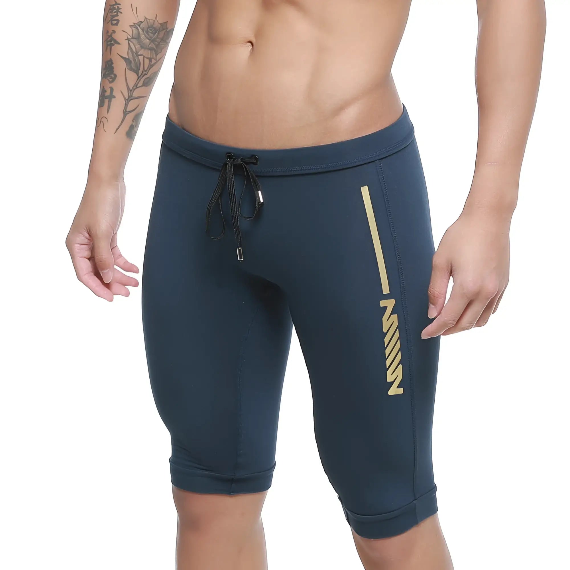 MetroMaleWear Mojave Biker dark blue athletic shorts with gold stripe logo elastic waistband and drawstring for comfort
