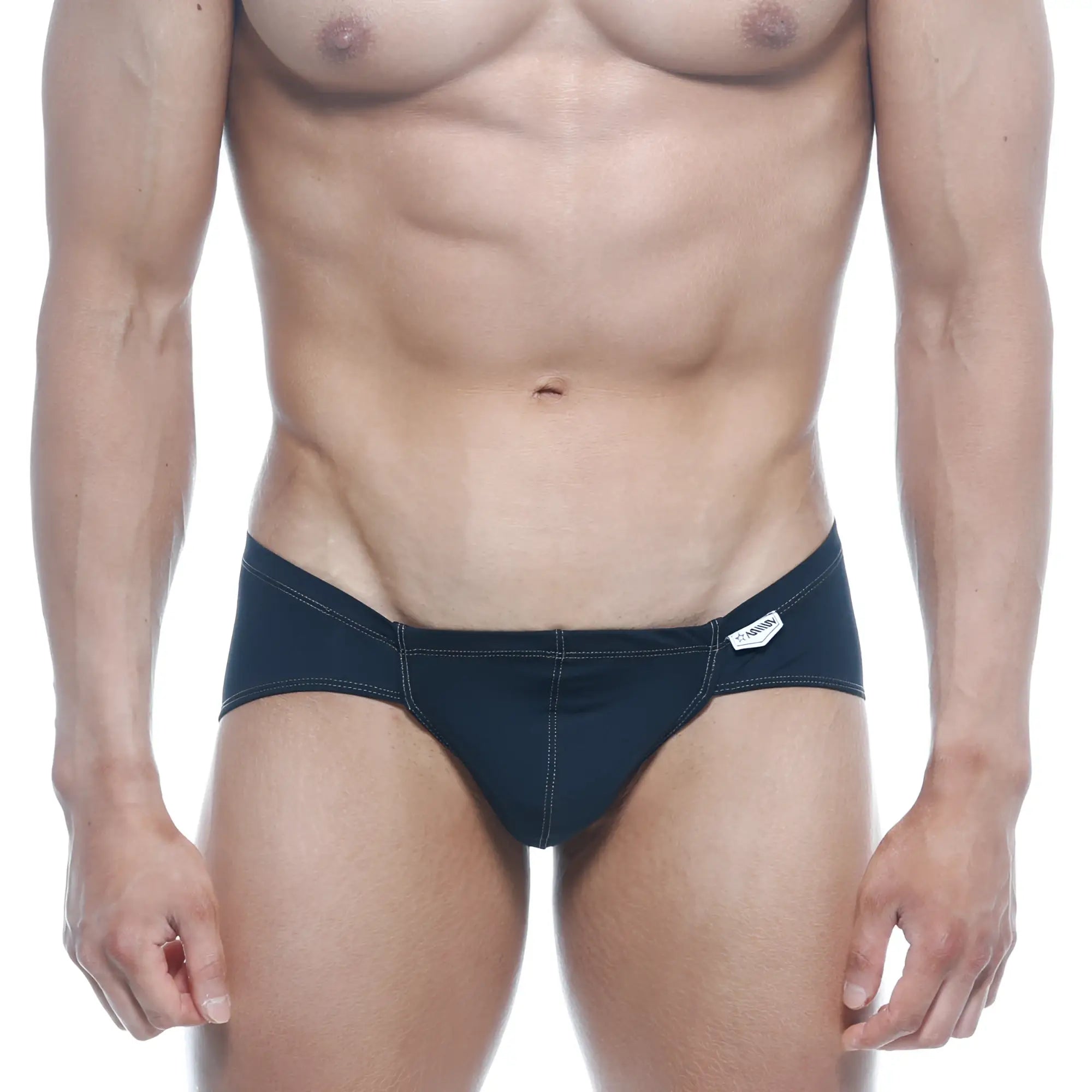 Black swim trunks with white stitching and a small brand tag on the waistband metroMalewear mojito bikini 1006-20