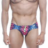 Vibrant multicolored leopard-print swim trunks with bold pink blue and yellow pattern from MetroMaleWear Mojito Bikini 1006-05