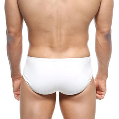 White swim trunks by Metromalewear with sleek form-fitting design and subtle gray waistband trim in Mojito Bikini style