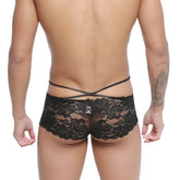 Black lace briefs metro malewear molino trunk black 1034-20 showing crisscross back strap design on the backside
